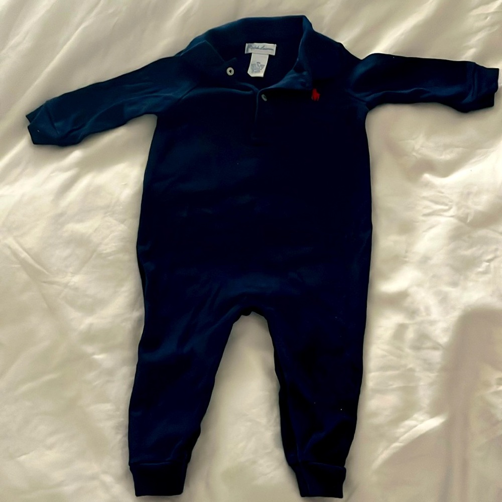 Ralph Lauren Baby Navy Bodysuit with Red RL logo. Size 9 Months